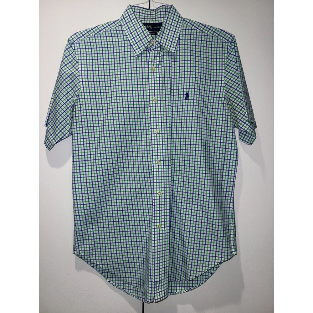 Ralph Lauren Classic Fit Men Plaid Button Up Dress Shirt Green Blue 100% Cotton